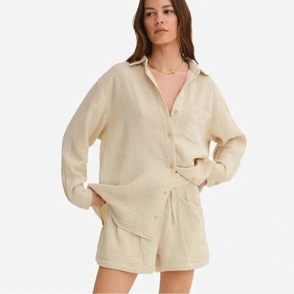 MATE The Label 100% Organic Cotton‎ Gauze Button Down Shirt NATURAL SZ S NWOT - Picture 2 of 11